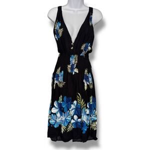 Hawaiian Print Cover Up Free Size Black Blue Floral Beach Swim V-Neck Smocking